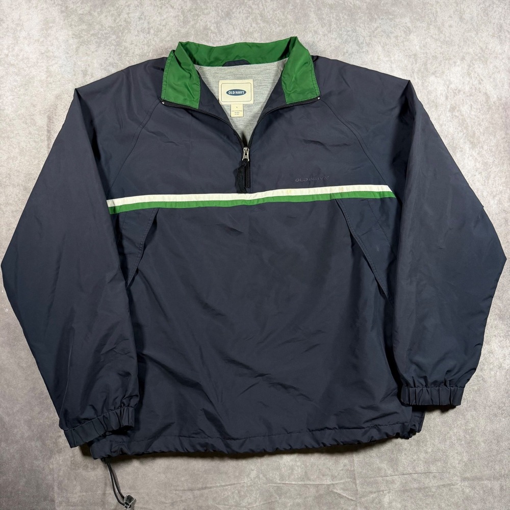Vintage Old Navy Mens Large Quarter Zip Windbreaker Navy Blue Green Stripe Y2K